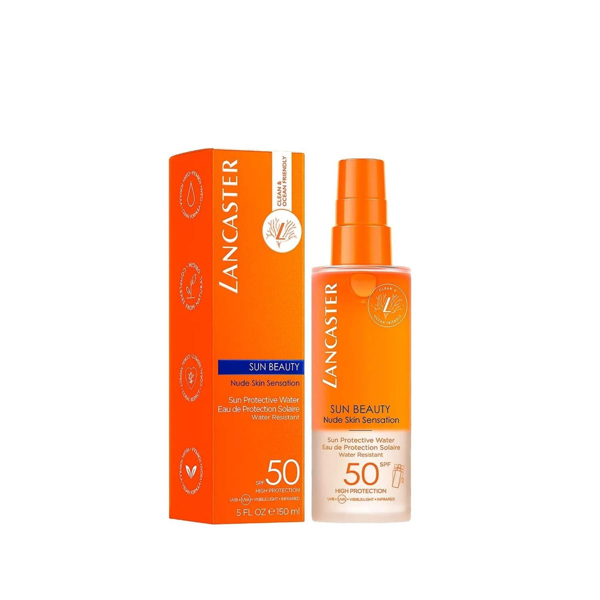 Lancaster Sun Beauty SPF50 sunscreen bottle with orange box, water resistant on Tampa Home & Garden Store