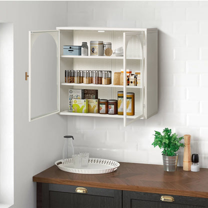 27.56"Glass Doors Modern Two-door Wall Cabinet with Featuring Three-tier Storage White