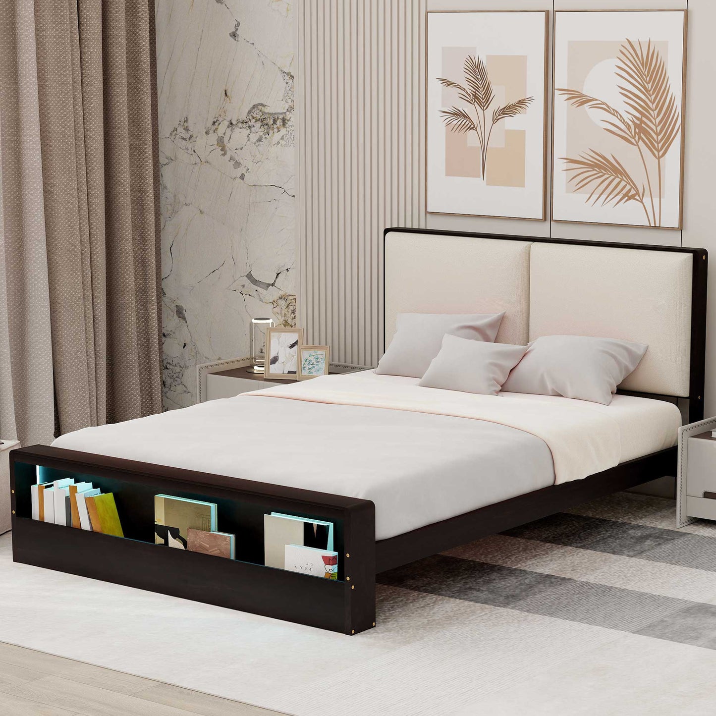 Queen Size Platform Bed Frame with Upholstery Headboard and Bookshelf in Footboard and LED Light Strips, Espresso - Tampa Home & Garden Store