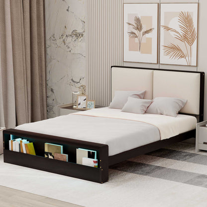 Queen Size Platform Bed Frame with Upholstery Headboard and Bookshelf in Footboard and LED Light Strips, Espresso - Tampa Home & Garden Store