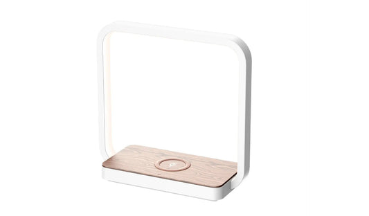 Wireless charging desk lamp with white frame and wood base, touch dimmer on Tampa Home & Garden Store