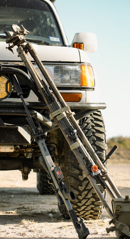 Hoss Straps Gear Straps 24-Inch, gray webbing with cam buckles securing camping gear to a pickup on Tampa Home & Garden Store