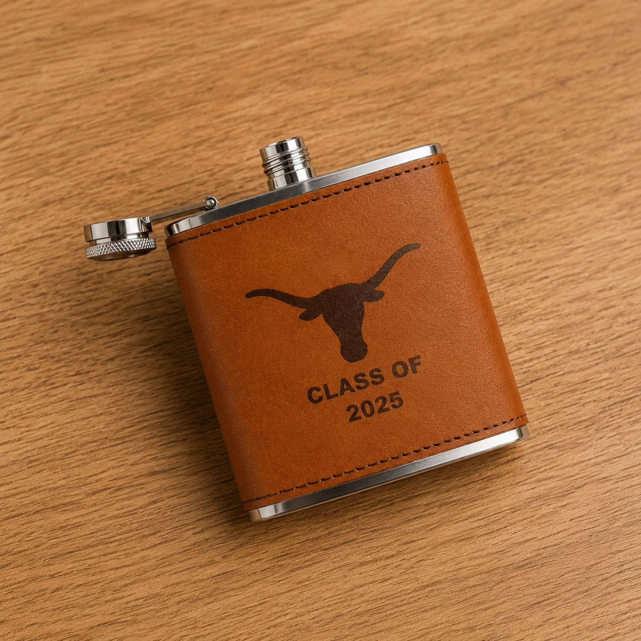 Texas Longhorns Leather Flask by Ryan's Woodworking, brown leather wrap with longhorn silhouette on Tampa Home & Garden Store