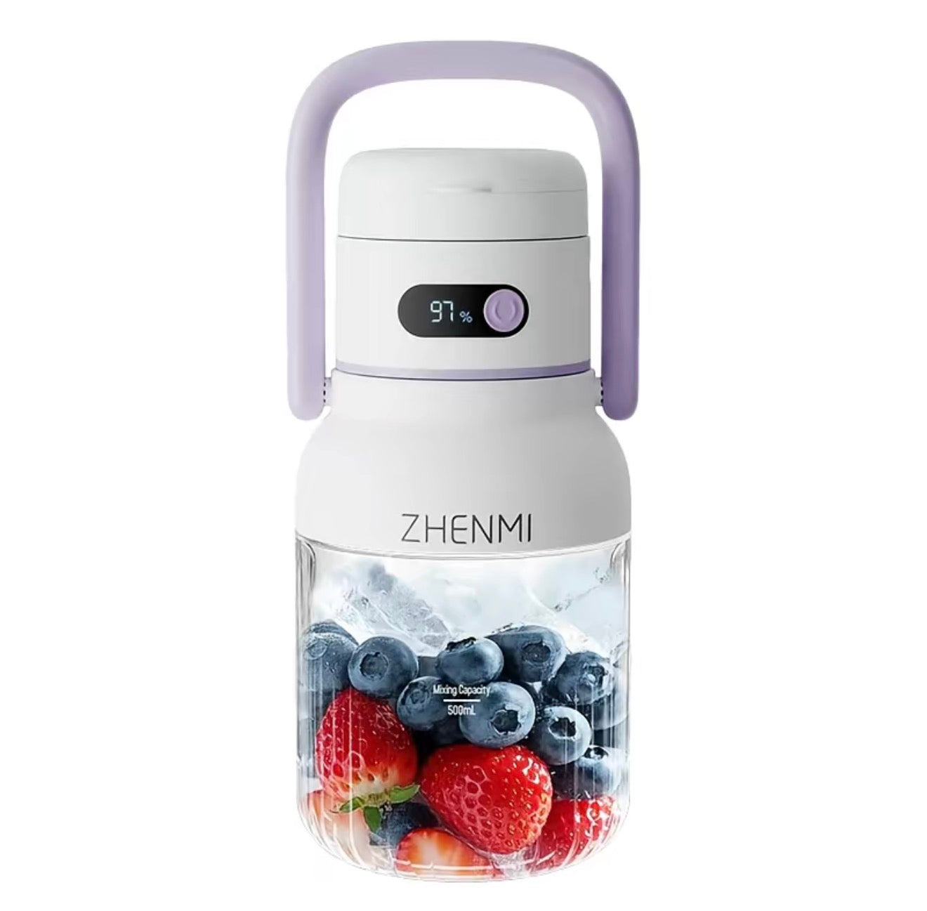 BlendGo Portable Blender white body with lavender handle 500ml jar of berries ZHENMI on Tampa Home & Garden Store