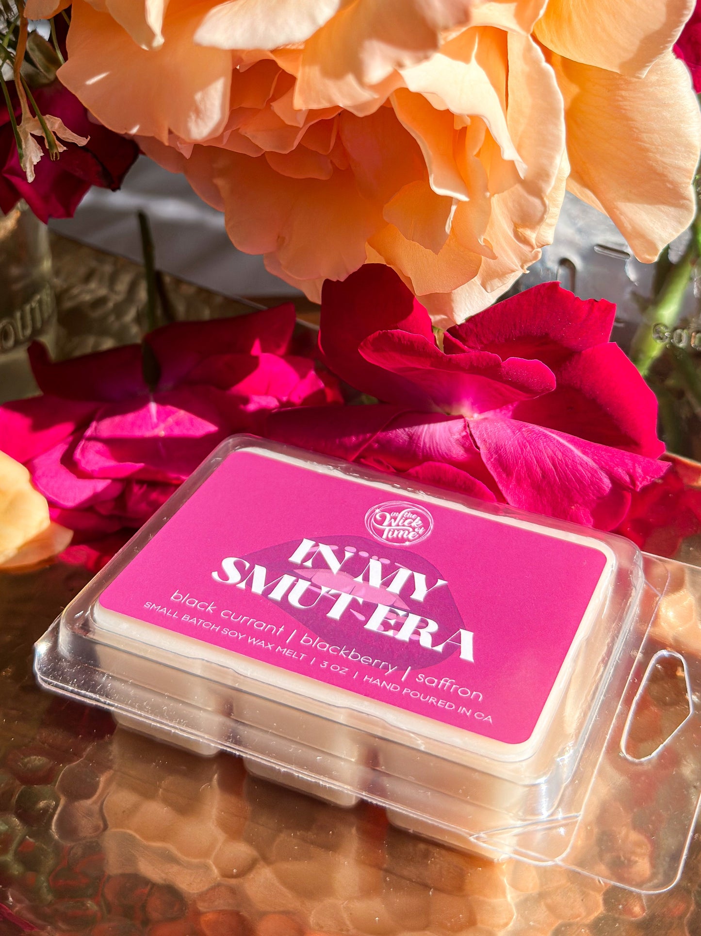 Wax melt In My Smut Era by In the Wick of Time pink label with magenta petals on Tampa Home & Garden Store