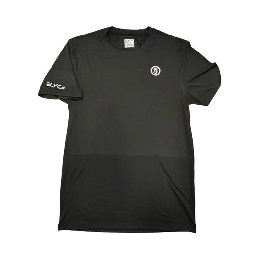 SLYCE Team T-Shirt black tee with circular logo on chest and SLYCE on sleeve on Tampa Home & Garden Store
