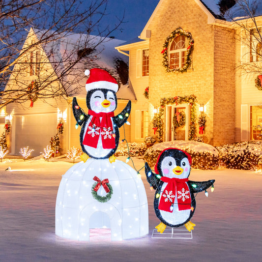 3D pre-lit penguin yard decor with two penguins on a white igloo, 170 LEDs, DirectDeals on Tampa Home & Garden Store
