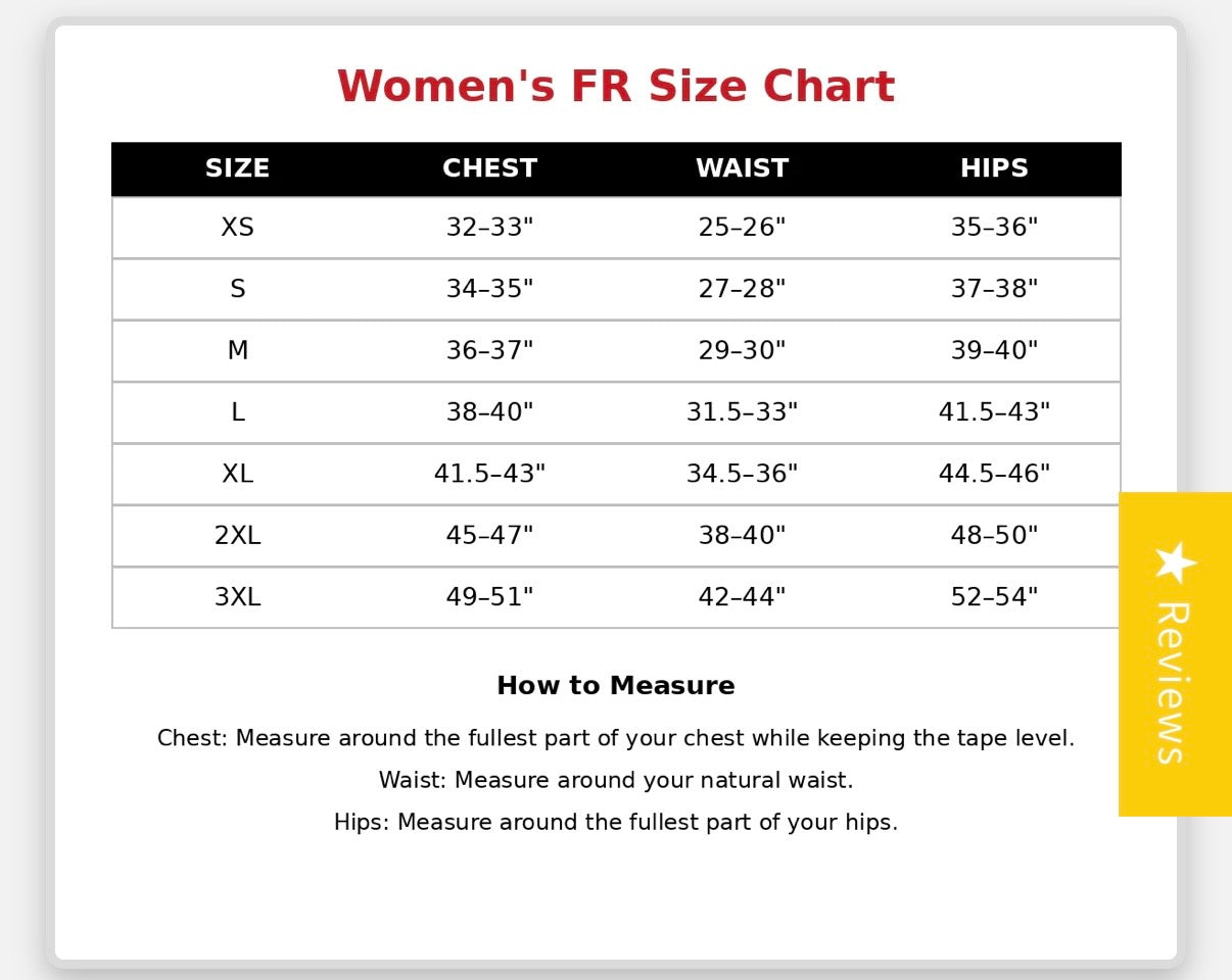 Women's FR Pearl Snap Ignite Pink size chart with chest, waist, hips measurements on Tampa Home & Garden Store