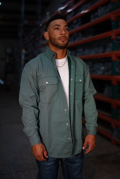 FR Pearl Snap Work Shirt Gunner Green by Static FR, green patterned snap-front workwear on Tampa Home & Garden Store