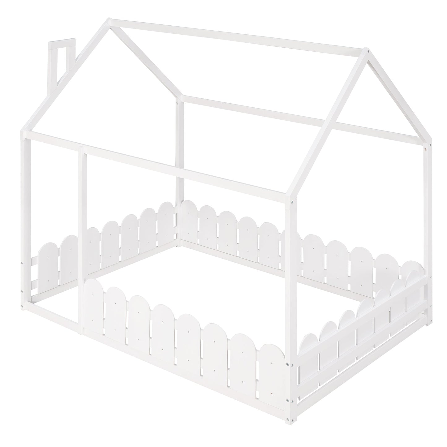 Full Size Wood Bed House Bed Frame with Fence for Kids (White)