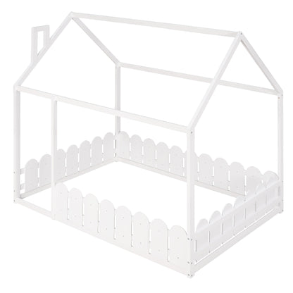 Full Size Wood Bed House Bed Frame with Fence for Kids (White)