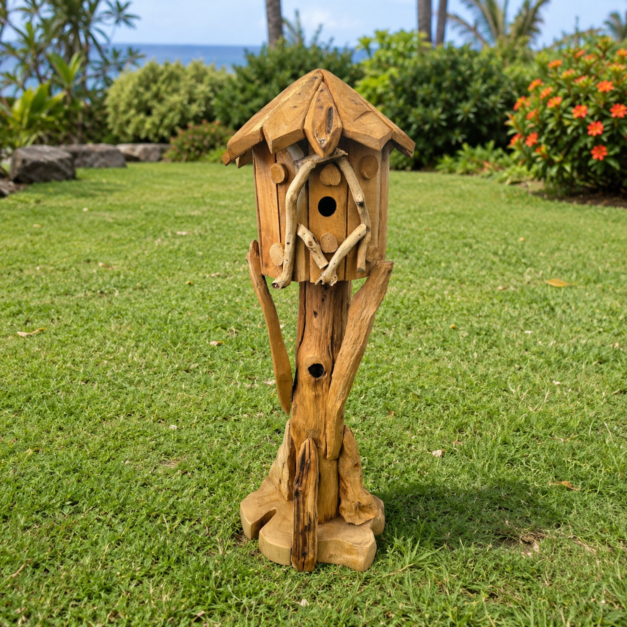Hand Carved Teak Bird House, rustic natural wood birdhouse on a driftwood pedestal on Tampa Home & Garden Store