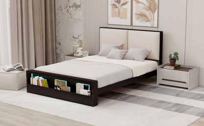 Queen Size Platform Bed Frame with Upholstery Headboard and Bookshelf in Footboard and LED Light Strips, Espresso - Tampa Home & Garden Store