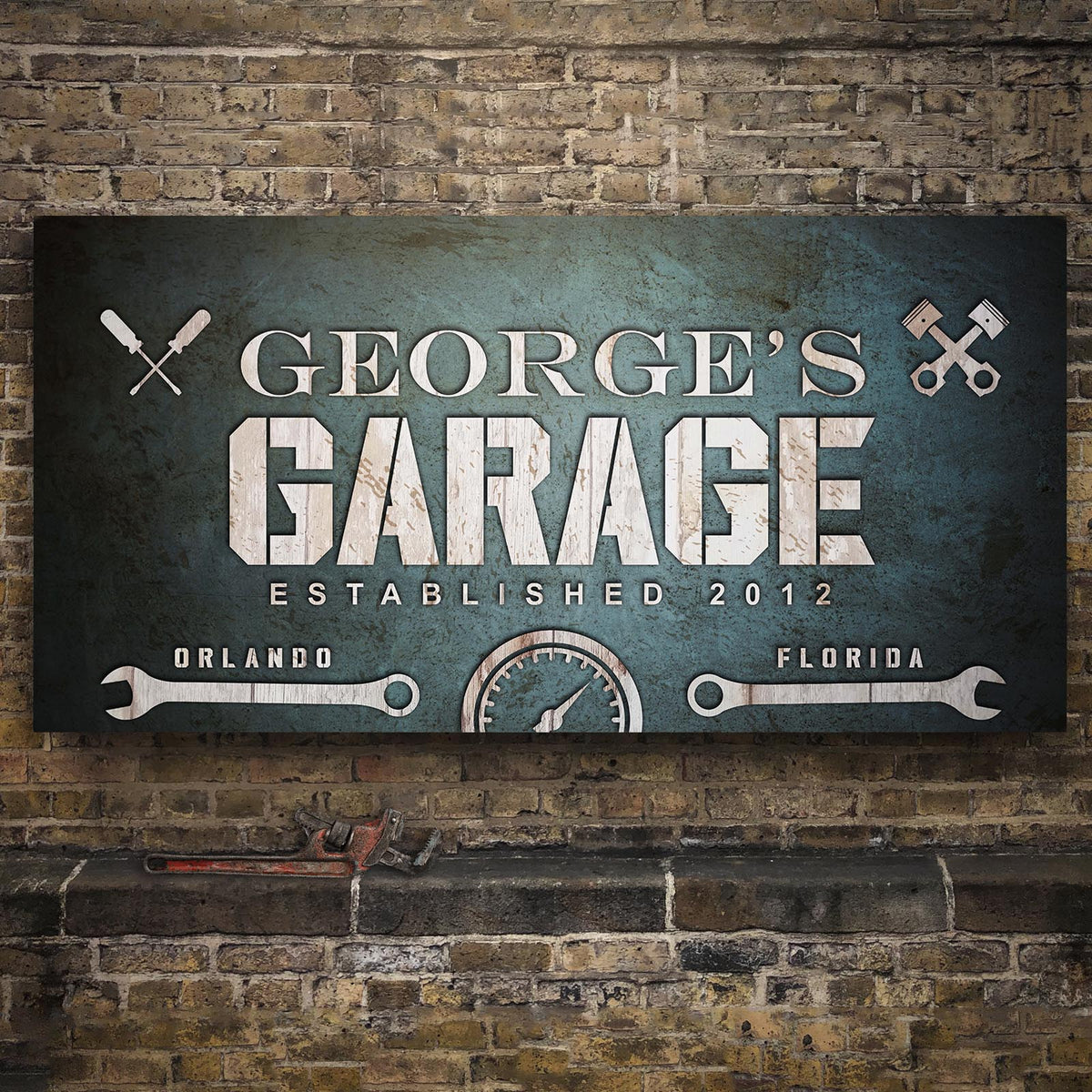 Man Cave Garage Sign canvas by Tailored Canvases with GEORGE'S GARAGE teal backdrop on Tampa Home & Garden Store