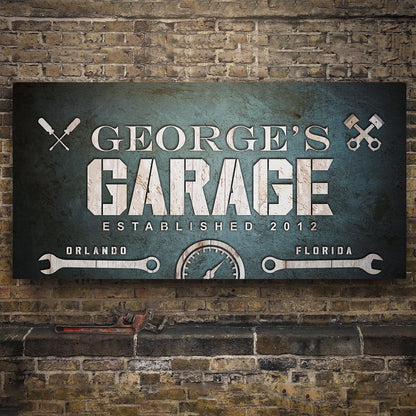 Man Cave Garage Sign canvas by Tailored Canvases with GEORGE'S GARAGE teal backdrop on Tampa Home & Garden Store