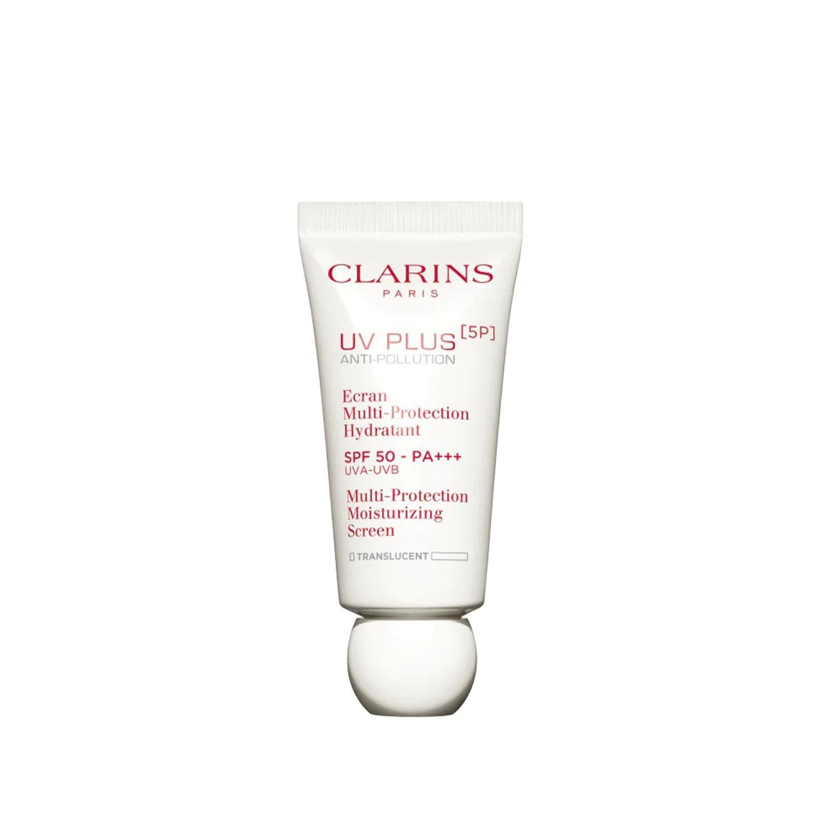 Clarins Paris UV Plus 5P Anti-Pollution sunscreen tube, translucent, SPF50 PA+++, hydrating on Tampa Home & Garden Store