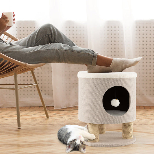 3-in-1 Cat Condo Stool Kitty Bed with Scratching Posts and Plush Ball Toy - Tampa Home & Garden Store
