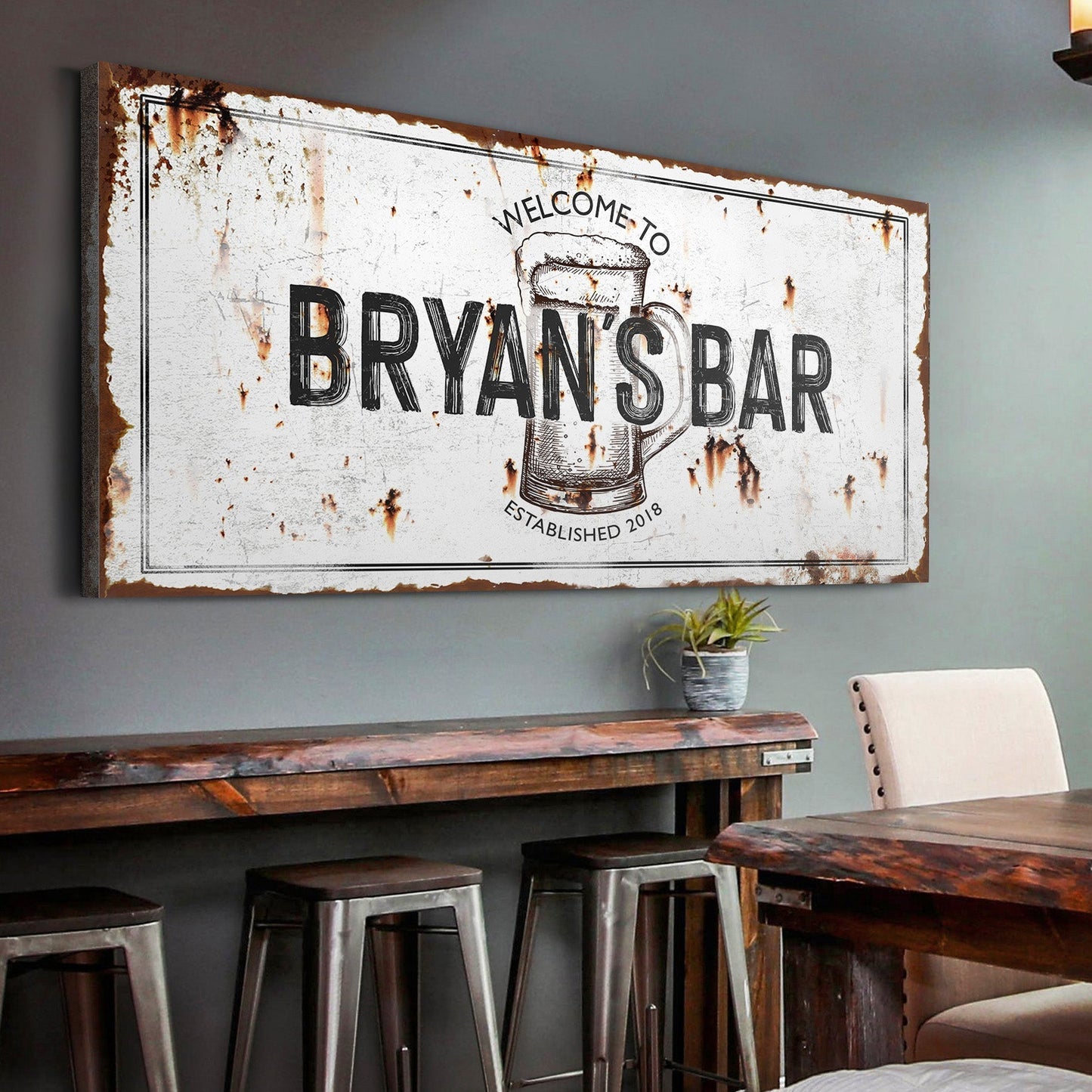 Beer Barrel Bar Sign canvas by Tailored Canvases with distressed white surface and rust accents on Tampa Home & Garden Store
