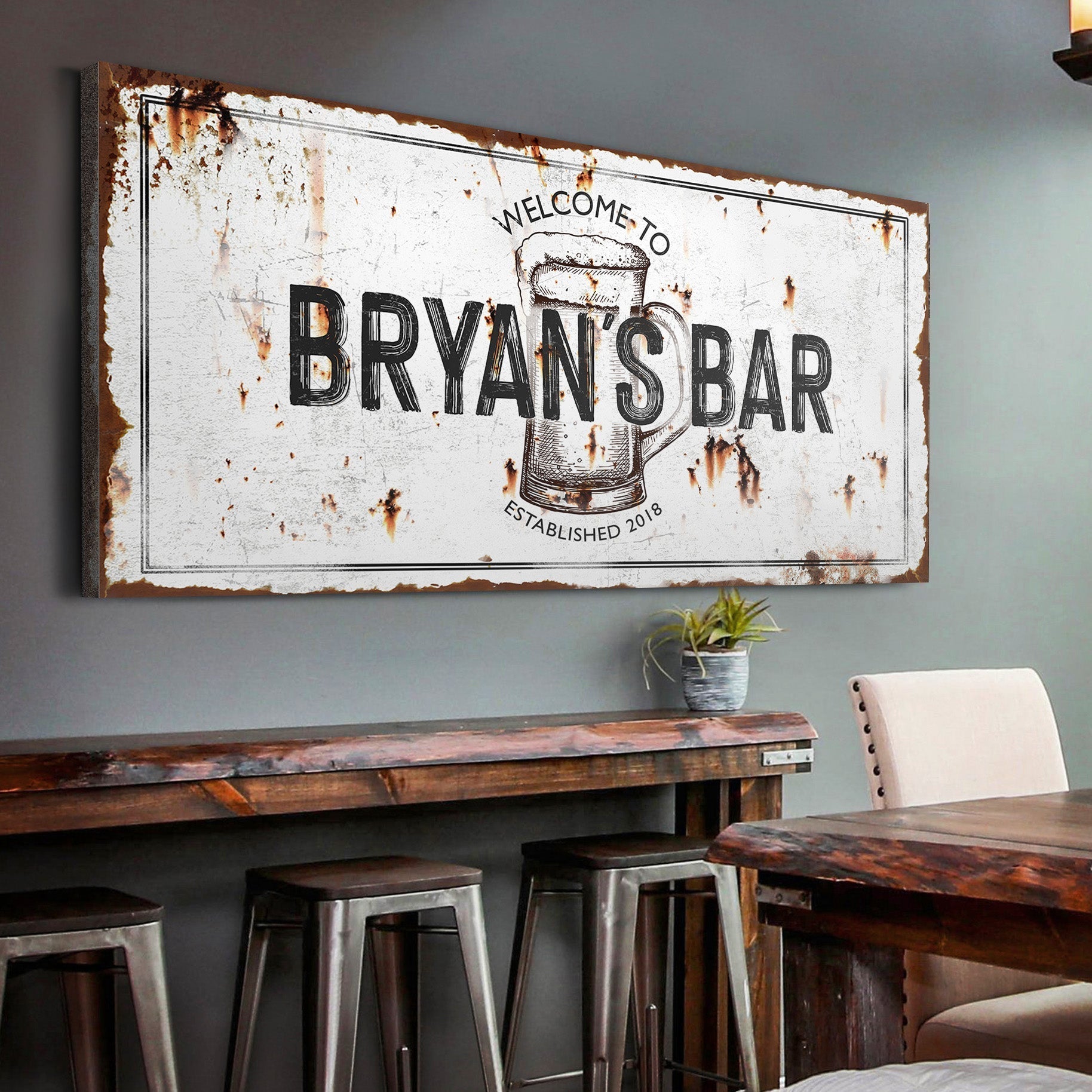 Beer Barrel Bar Sign canvas by Tailored Canvases with distressed white surface and rust accents on Tampa Home & Garden Store