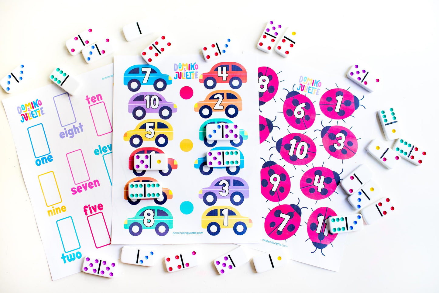 Bright Play Dominos by Domino & Juliette with colorful numbered car-themed domino tiles on Tampa Home & Garden Store