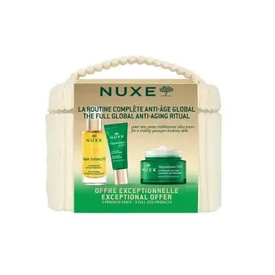 Nuxe eye cream set in a beige beaded pouch with green packaging, Beauty Care Bag on Tampa Home & Garden Store