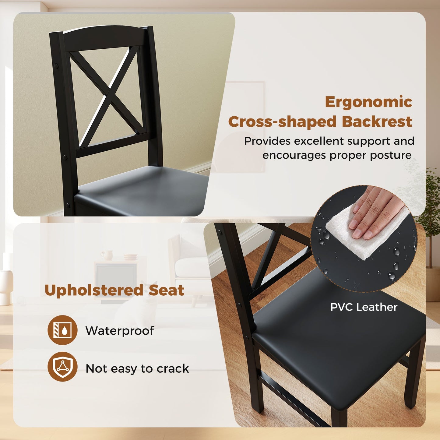 Juego de mesa de comedor de 3 piezas, mesa de cocina cuadrada de madera para 2 personas - Marrón