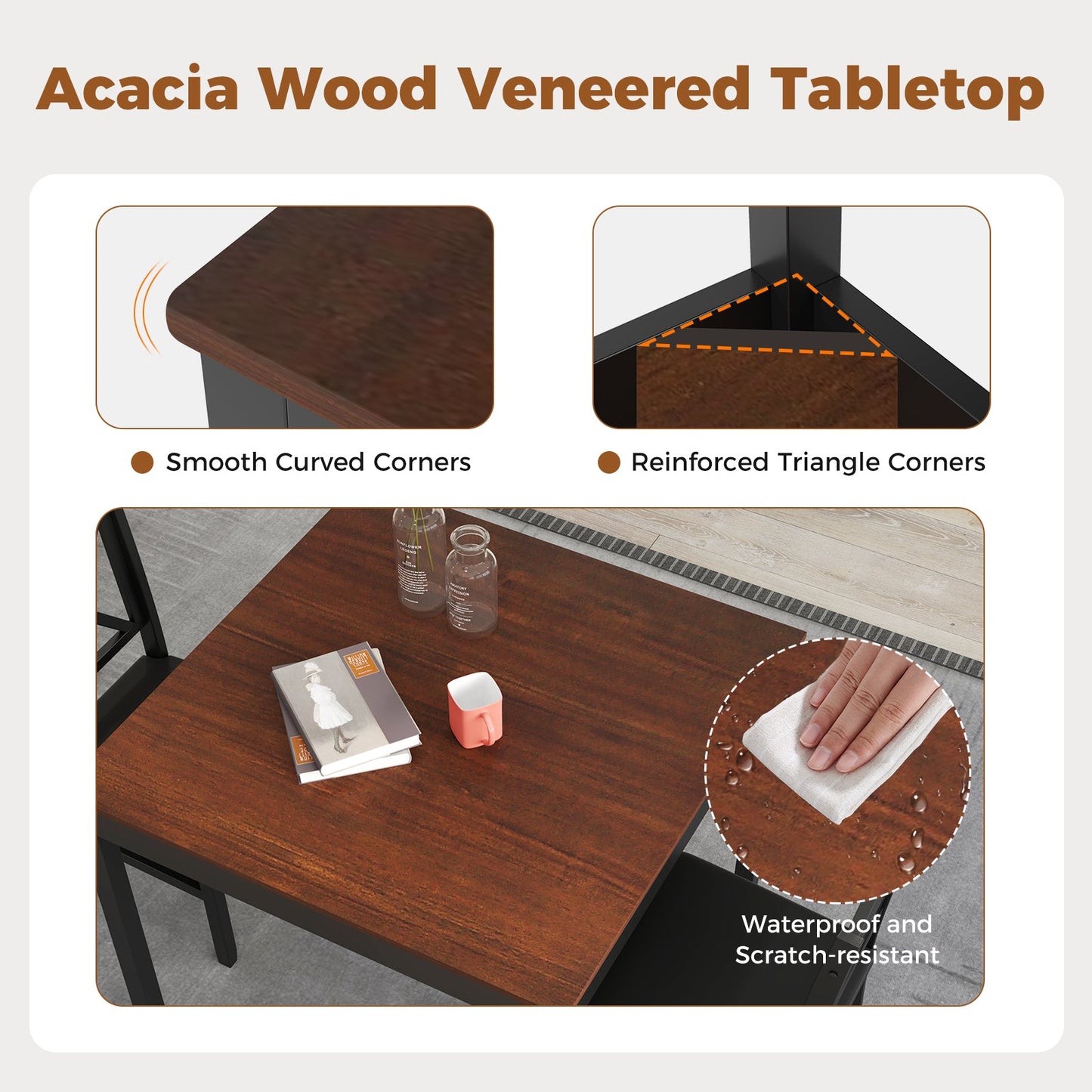 Juego de mesa de comedor de 3 piezas, mesa de cocina cuadrada de madera para 2 personas - Marrón
