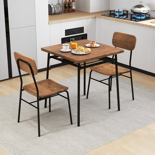 Juego de comedor de 3 piezas para 2 personas, mesa cuadrada de madera con estructura de metal - Marrón