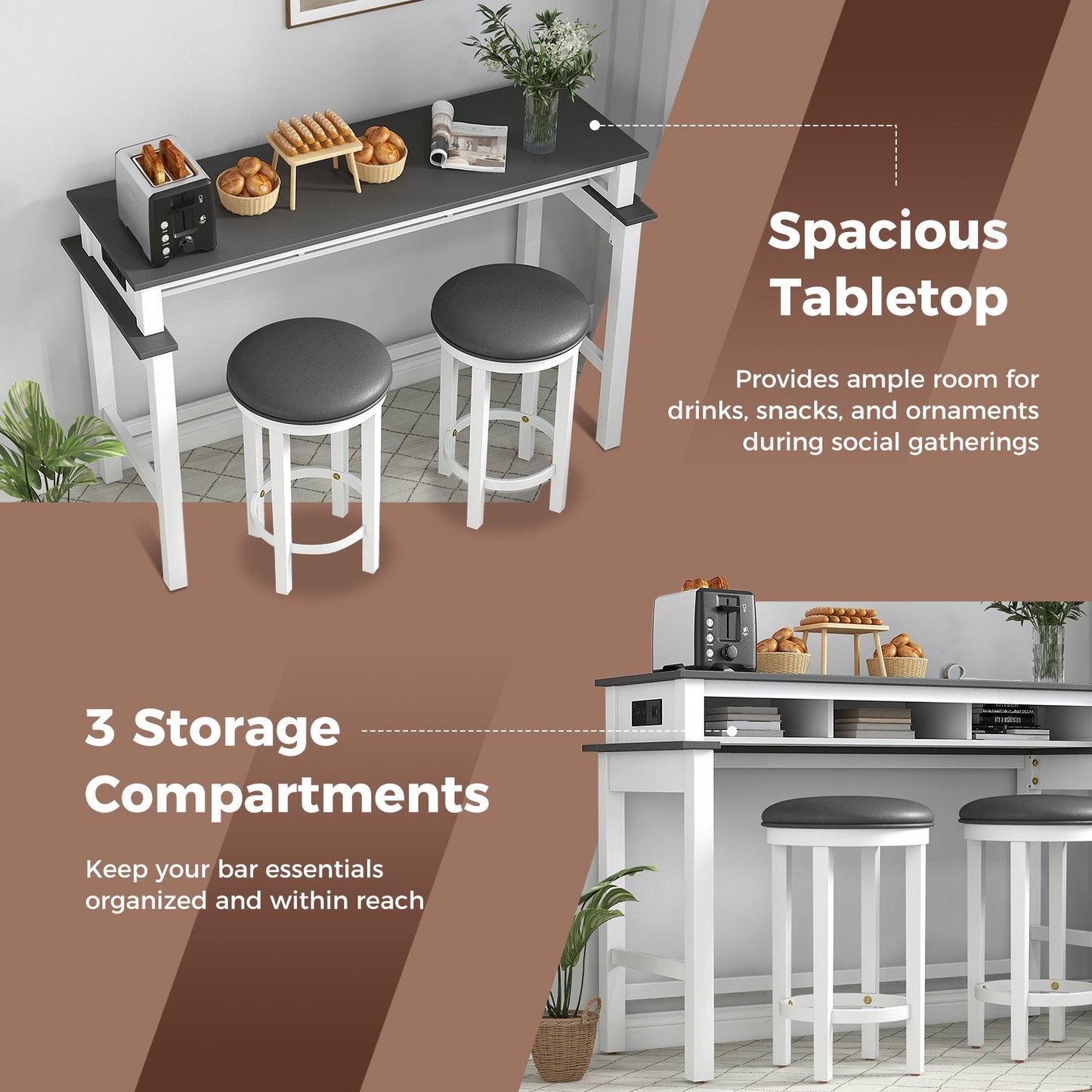 3-Piece Home Bar Set with 2 Upholstered Bar Stools Outlets and USB Ports