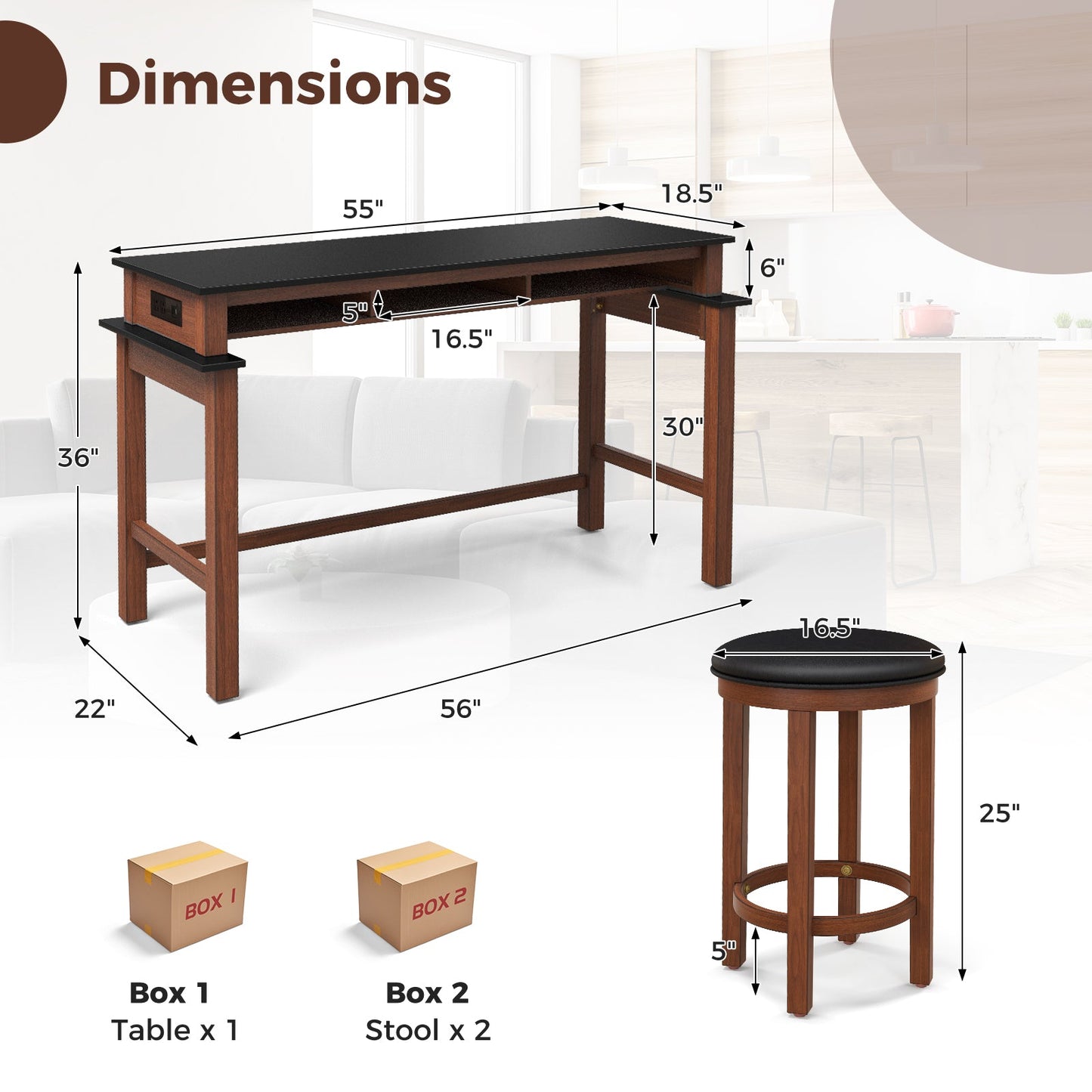 3-Piece Home Bar Set with 2 Upholstered Bar Stools Outlets and USB Ports
