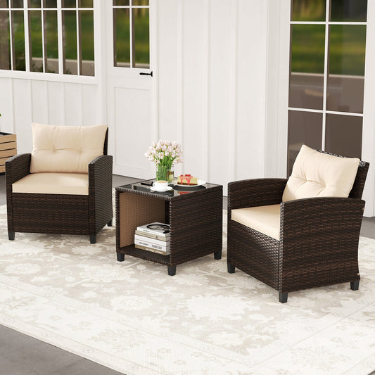 3 Piece Patio Sofa Set Wicker Chairs and Coffee Table with Storage-Beige - Tampa Home & Garden Store