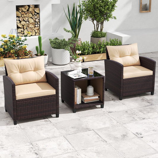 3 Piece Patio Sofa Set Wicker Chairs and Coffee Table with Storage-Beige - Tampa Home & Garden Store