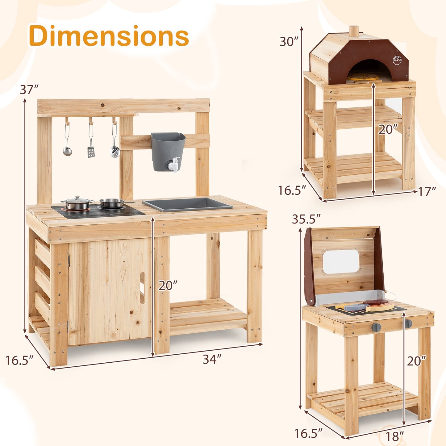 3-Piece Outdoor Kitchen Set Mud Kitchen with Separate BBQ Grill and Pizza Oven-Natural