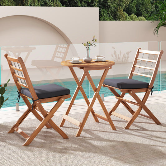 3 Pieces Acacia Wood Patio Bistro Set with Cushions-Gray - Tampa Home & Garden Store