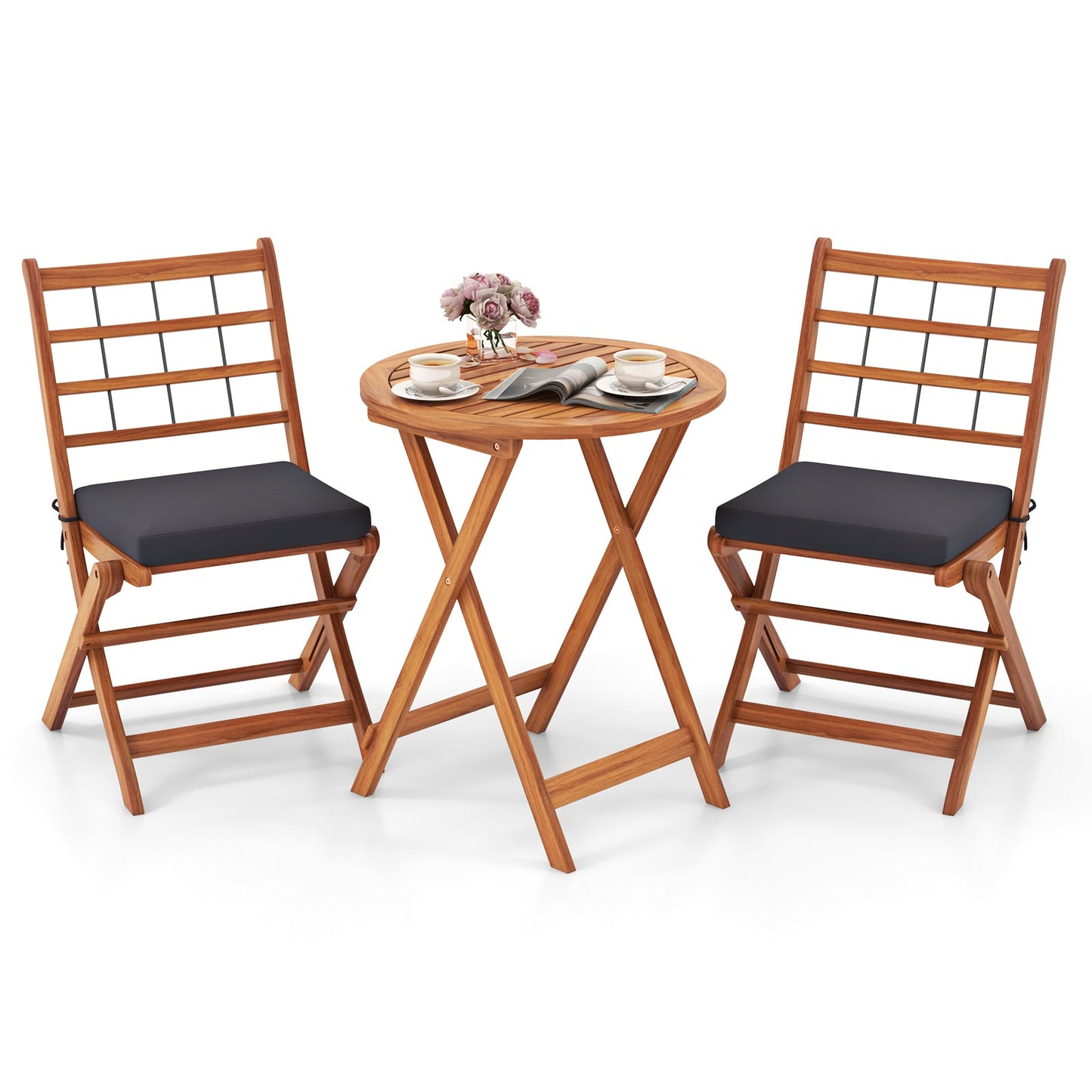 3 Pieces Acacia Wood Patio Bistro Set with Cushions-Gray
