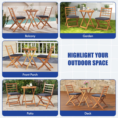 3 Pieces Acacia Wood Patio Bistro Set with Cushions-Gray