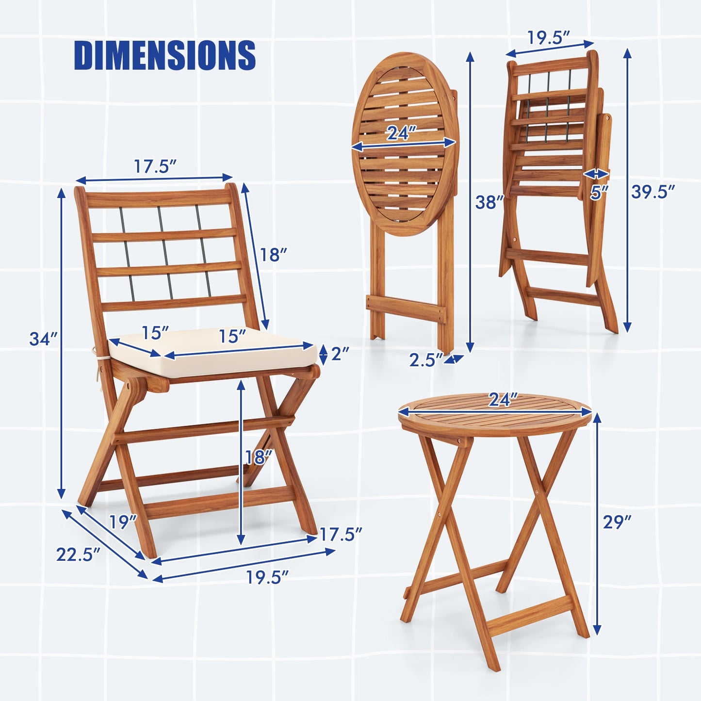 3 Pieces Acacia Wood Patio Bistro Set with Cushions-Gray