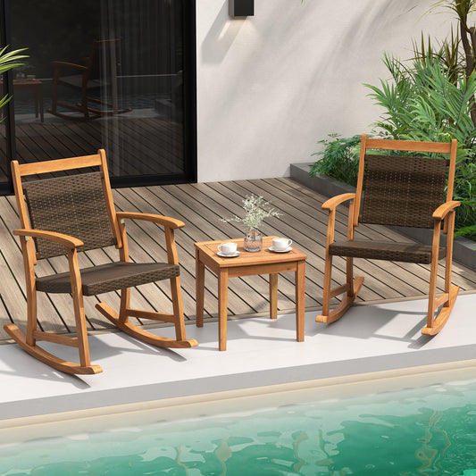 3 Pieces Acacia Wood Patio Rocking Chair Set with Side Table - Tampa Home & Garden Store