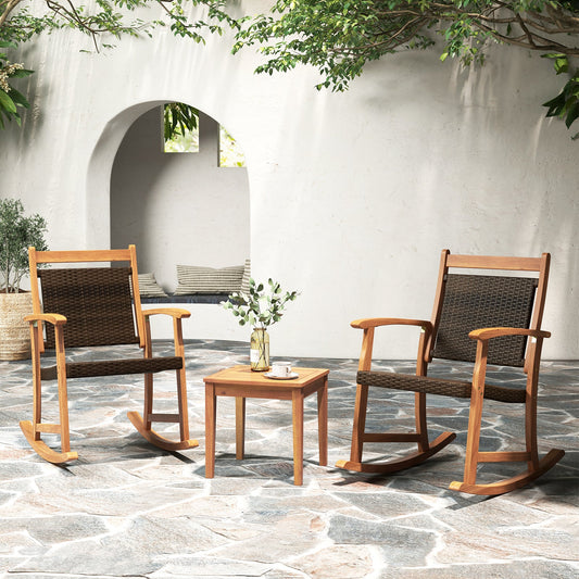 3 Pieces Acacia Wood Patio Rocking Chair Set with Side Table - Tampa Home & Garden Store
