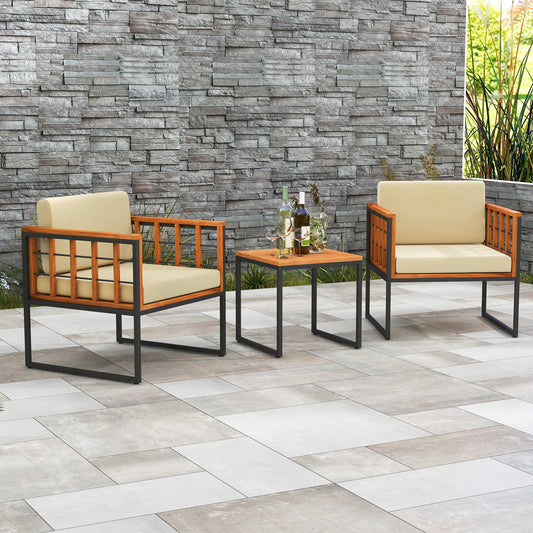 3 Pieces Patio Chair Set Acacia Wood Outdoor Sofa Set with Soft Cushions-Beige - Tampa Home & Garden Store