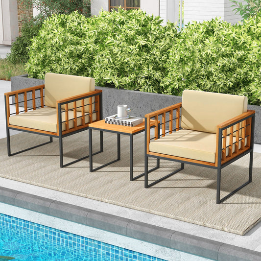 3 Pieces Patio Chair Set Acacia Wood Outdoor Sofa Set with Soft Cushions-Beige - Tampa Home & Garden Store
