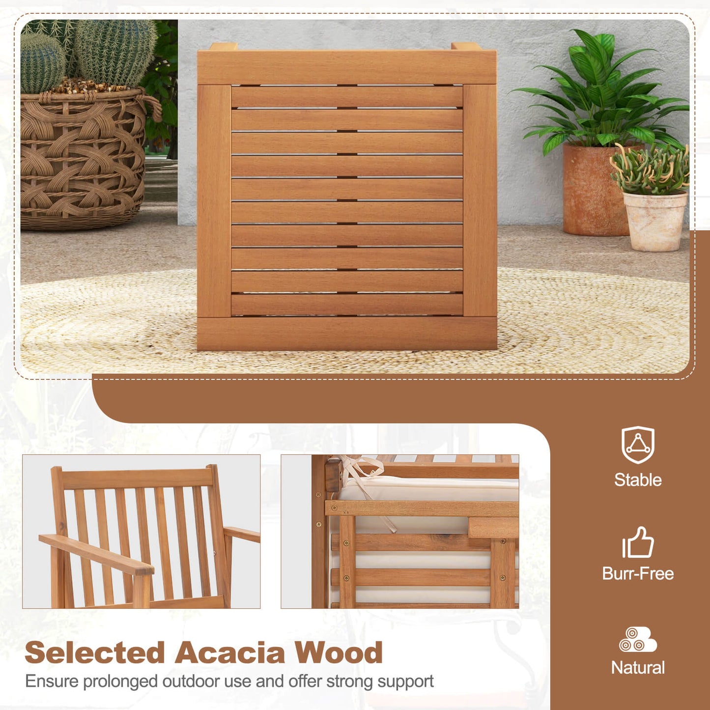3 Pieces Patio Wood Furniture Set with soft Cushions for Porch-White