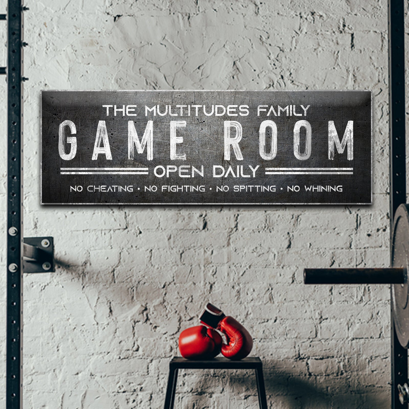 Family Game Room sign canvas by Tailored Canvases, distressed black plaque with GAME ROOM text on Tampa Home & Garden Store