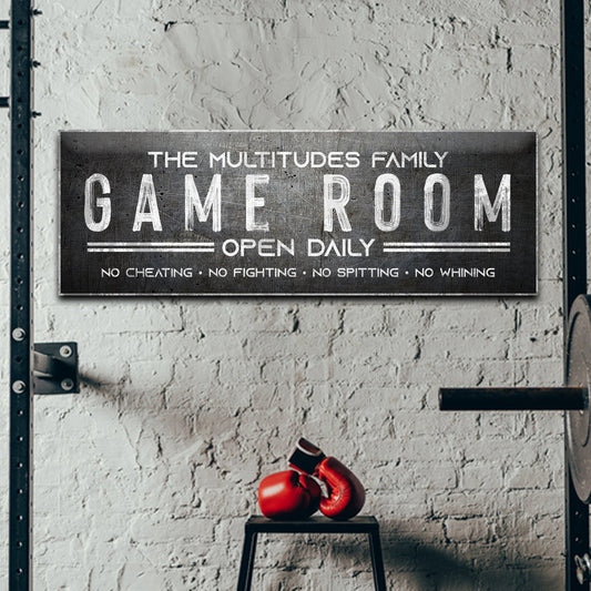 Family Game Room sign canvas by Tailored Canvases, distressed black plaque with GAME ROOM text on Tampa Home & Garden Store