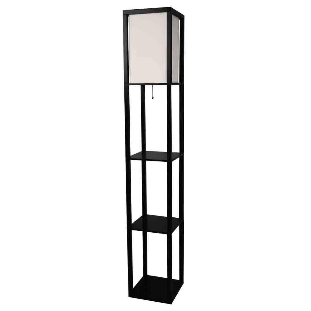 Black 3 Shelf Floor Lamp with Beige Linen Shade