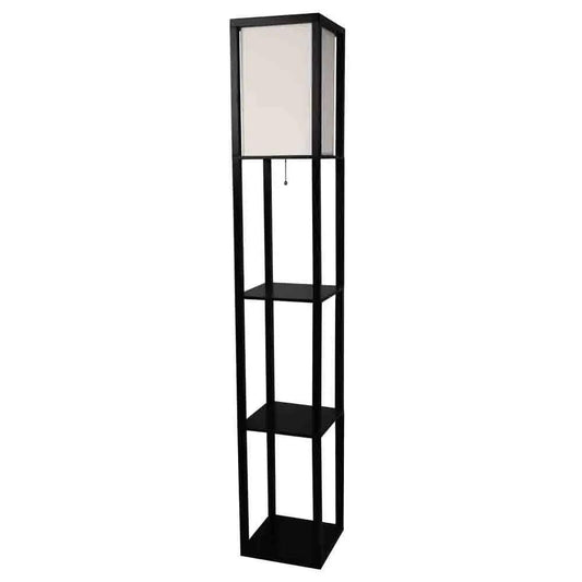 Black 3 Shelf Floor Lamp with Beige Linen Shade