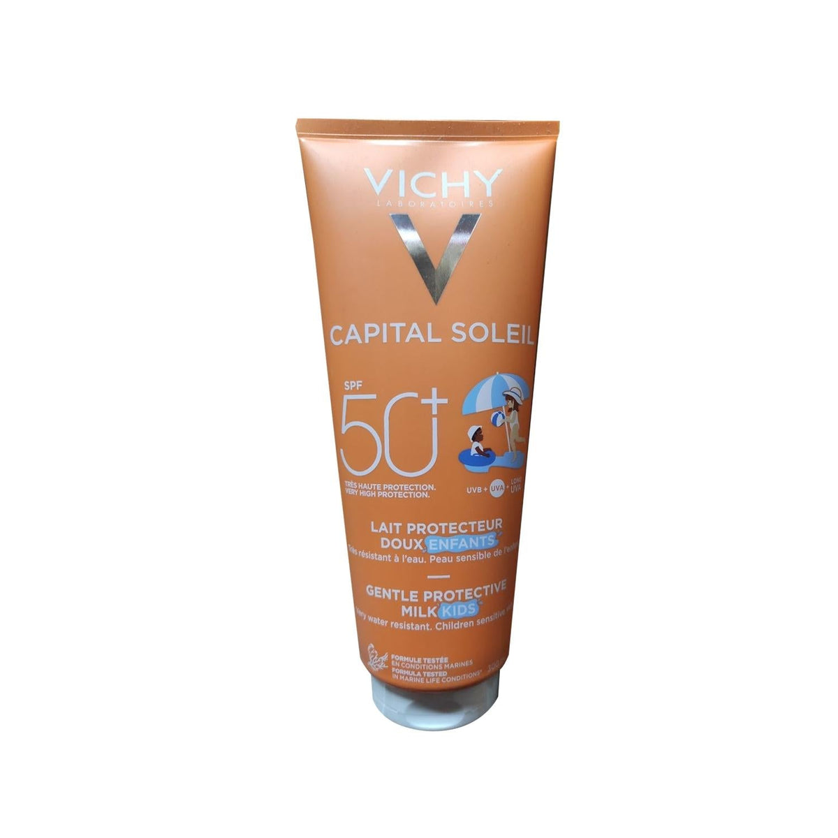 Sunscreen lotion Vichy Capital Soleil SPF 50+ for kids in orange tube with beach scene on Tampa Home & Garden Store