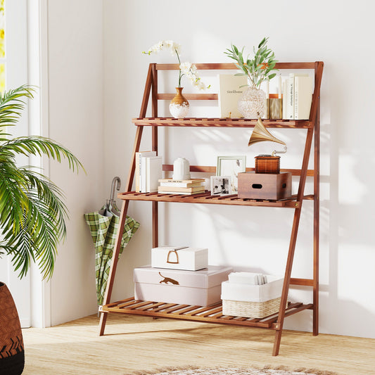 3-Tier Bamboo Ladder Shelf Foldable Plant Flower Bookshelf-Brown - Tampa Home & Garden Store