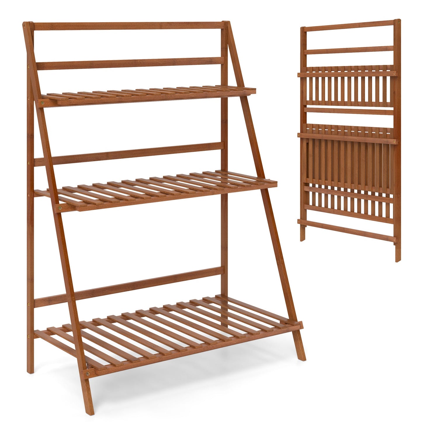 Estantería plegable de bambú de 3 niveles para plantas/flores/libros - Marrón