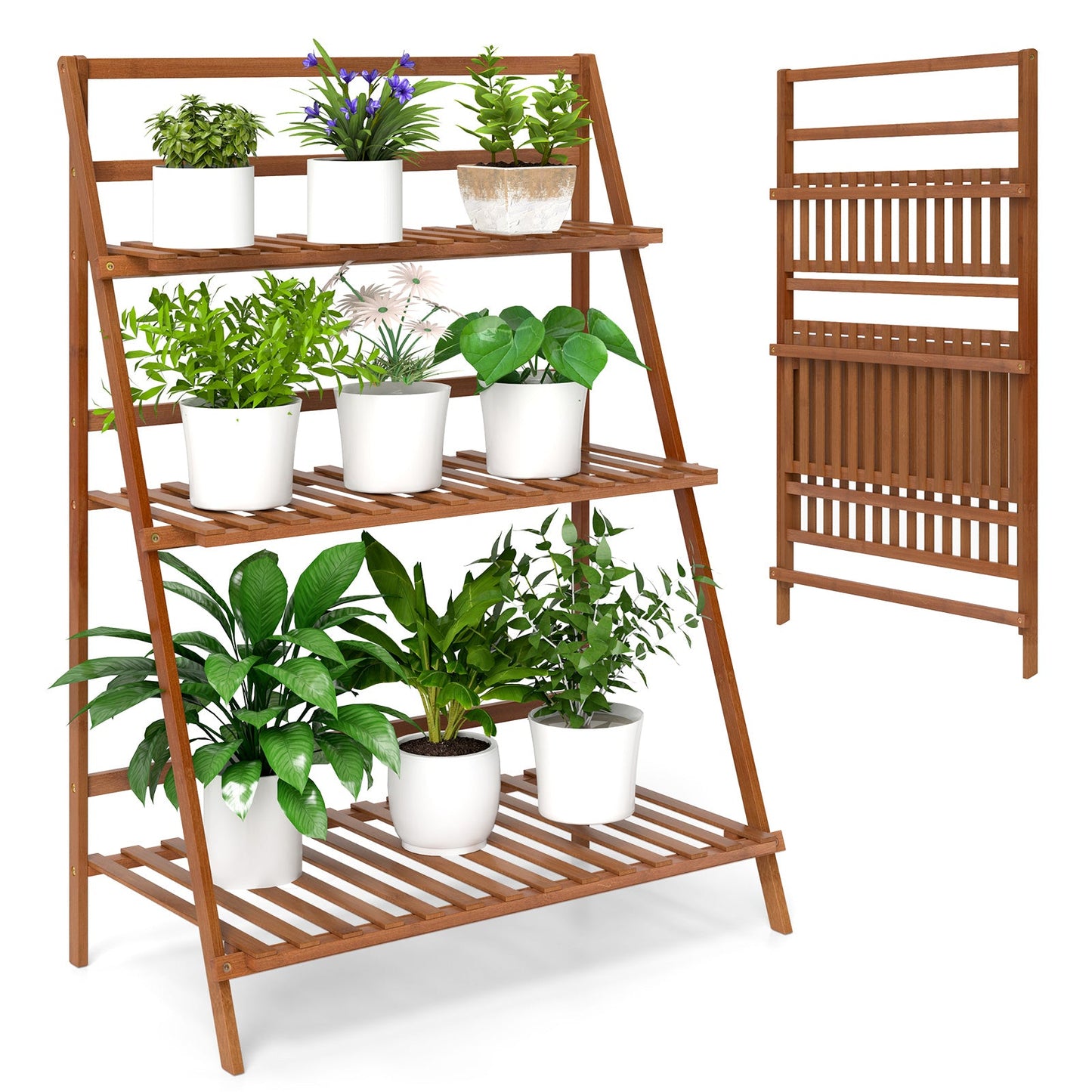 Estantería plegable de bambú de 3 niveles para plantas/flores/libros - Marrón